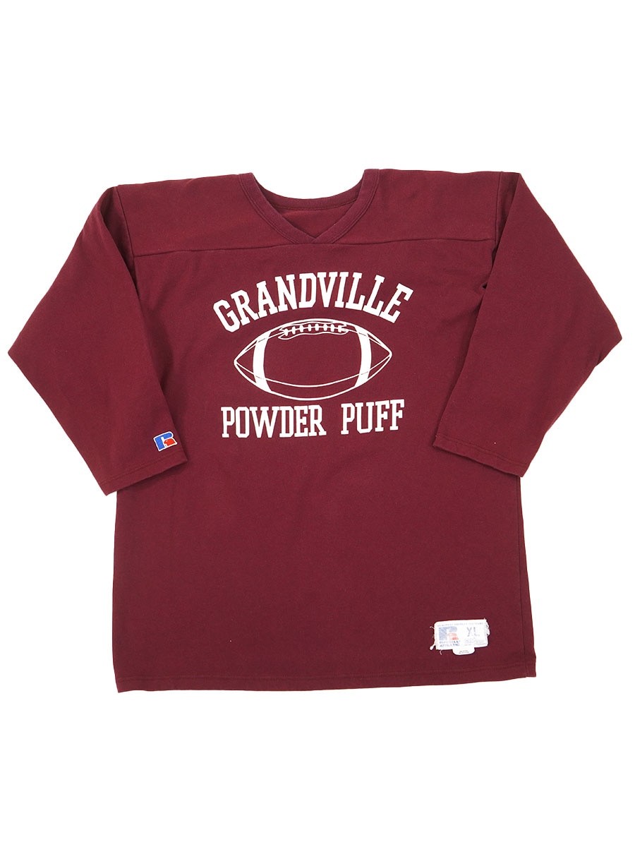80's RUSSELL ATHLETIC ''GRANDVILLE POWDER PUFF #19'' 両面プリント フットボールTシャツ 表記(XL) USA製