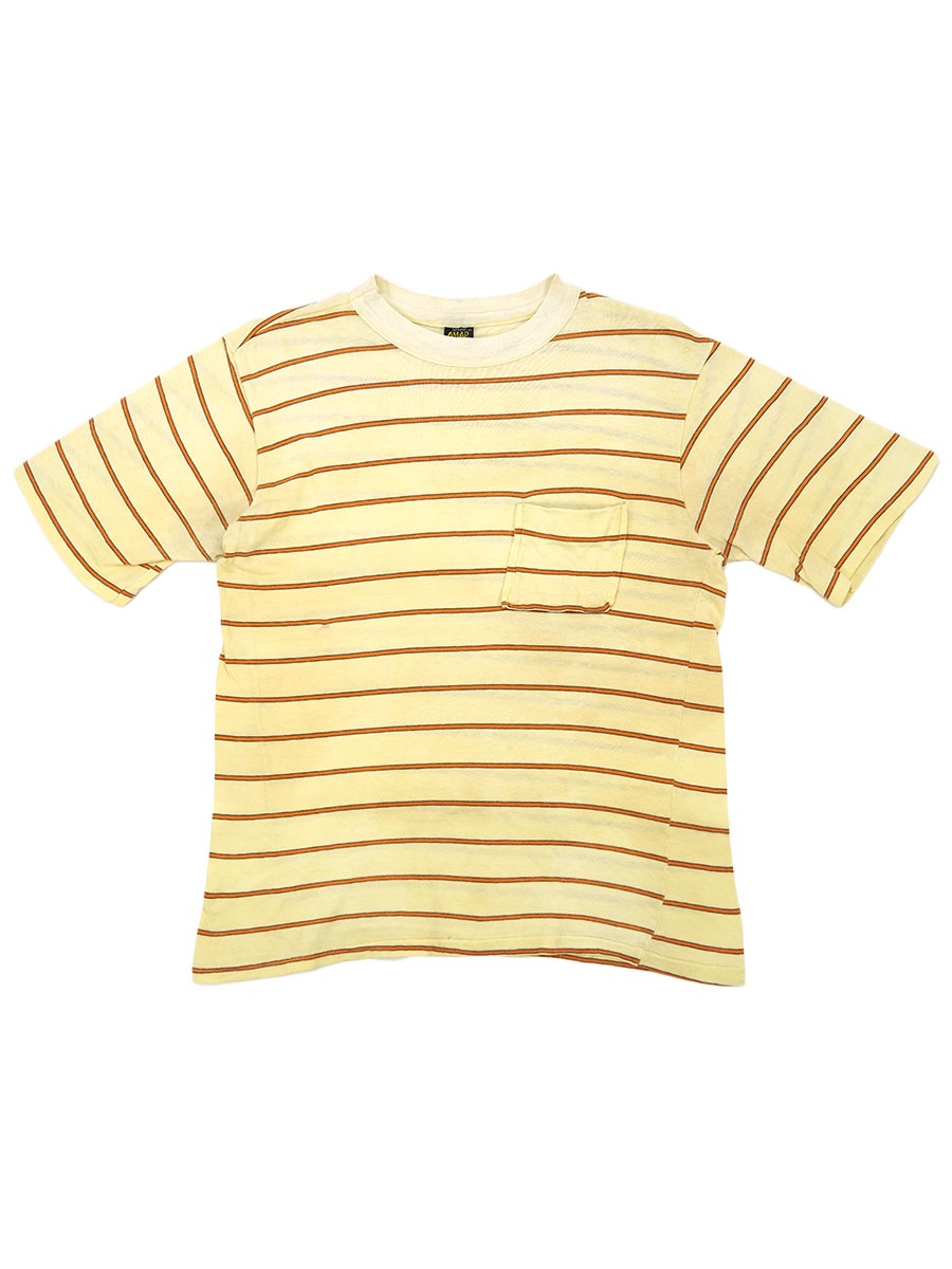 70's～ OMAR 100%コットン オレンジボーダーｘクリーム ポケ付きＴシャツ 表記(M)
