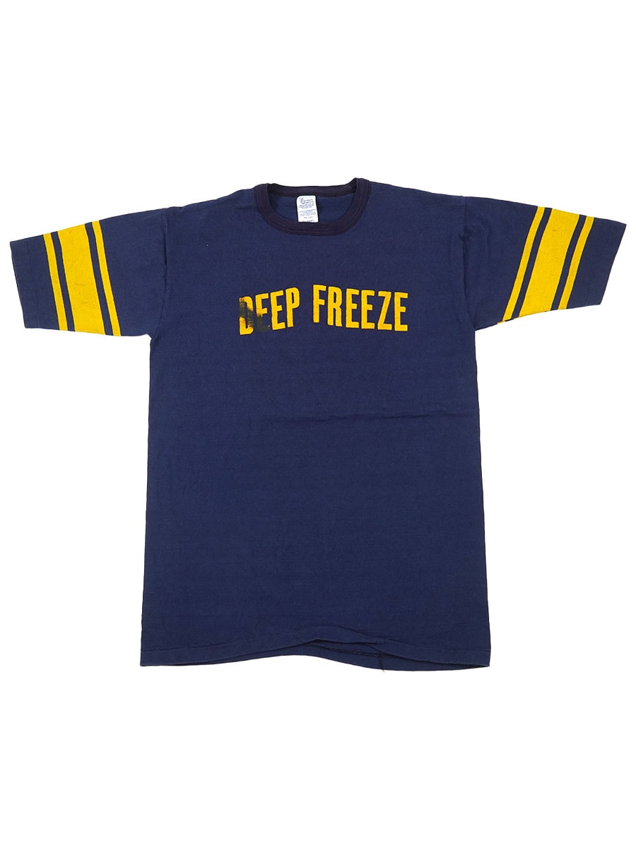 70's velva sheen ''DEEP FREEZE'' 袖ライン 半袖フットボールTシャツ ネイビー 表記(XL)