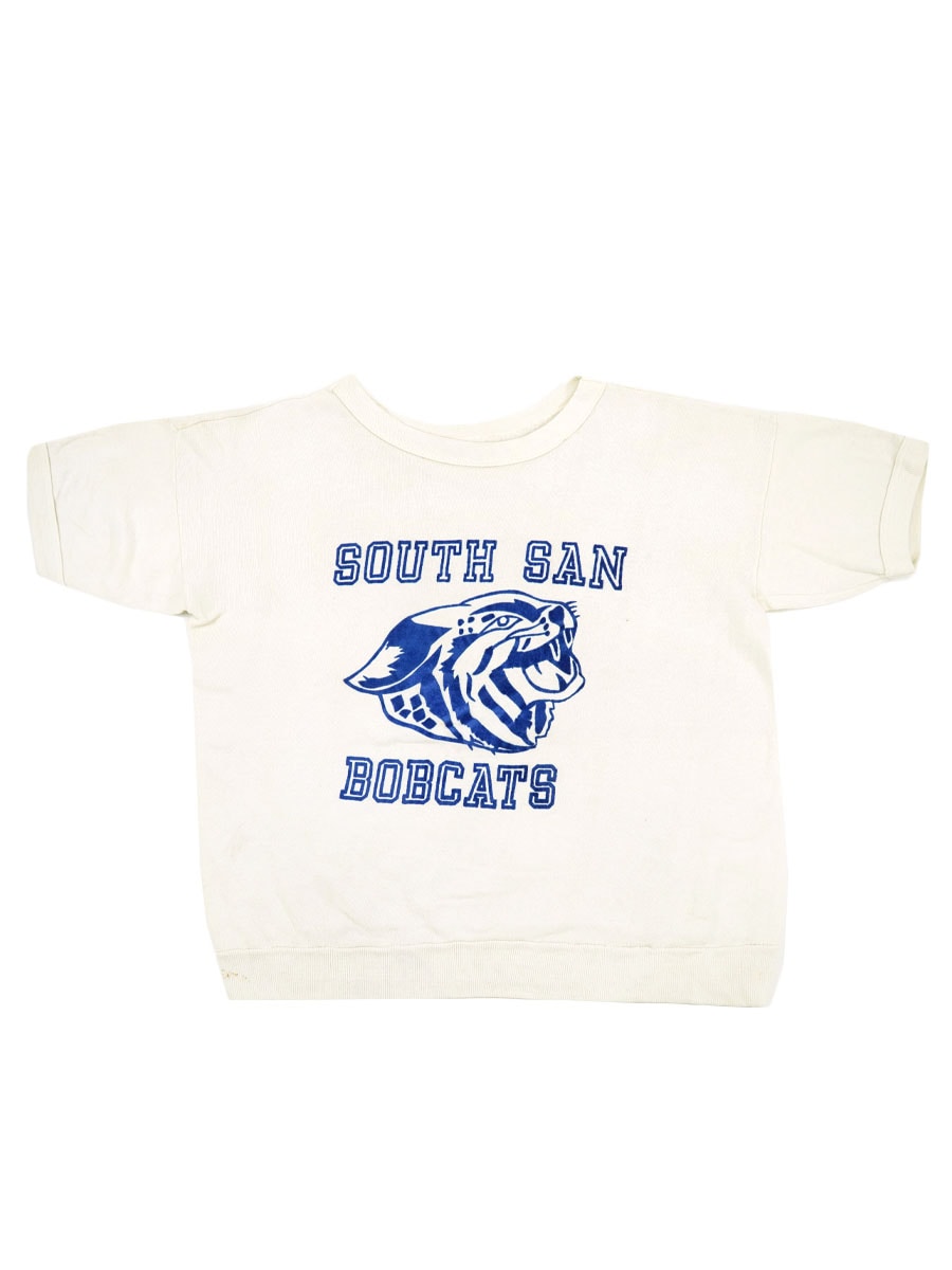 50's～ ''SOUTH SAN BOBCATS'' 3段フロッキープリント 半袖スウェット 実寸(L位)