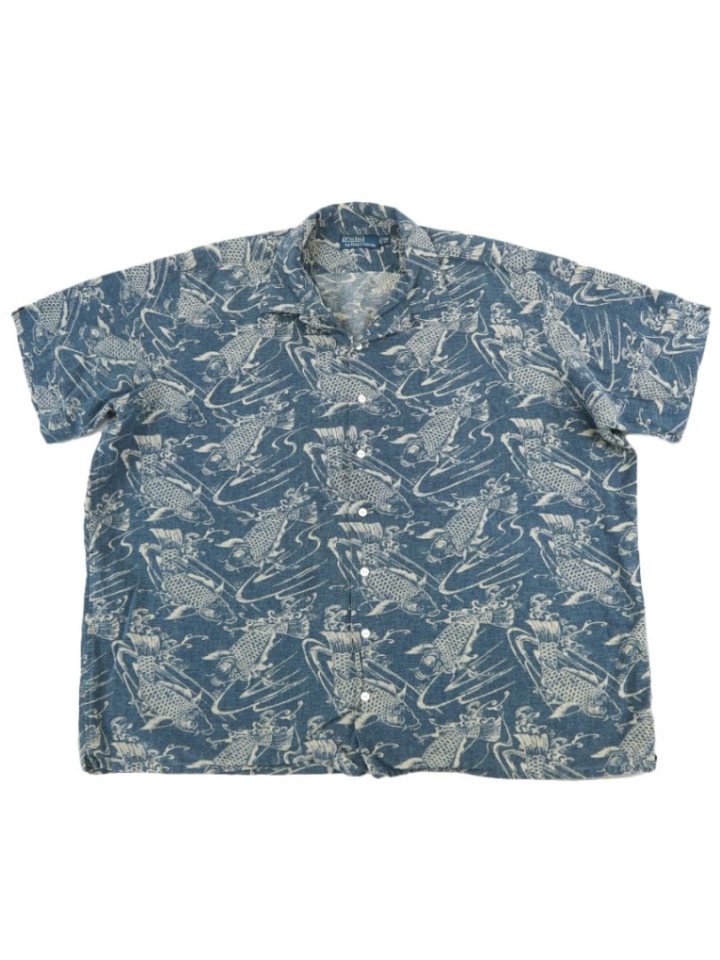 90s Ralph Lauren 半袖シャツ 鯉柄 コットン×リネン L表記 ラルフローレン 鯉柄 リネン×コットン ループカラー 半袖シャツ