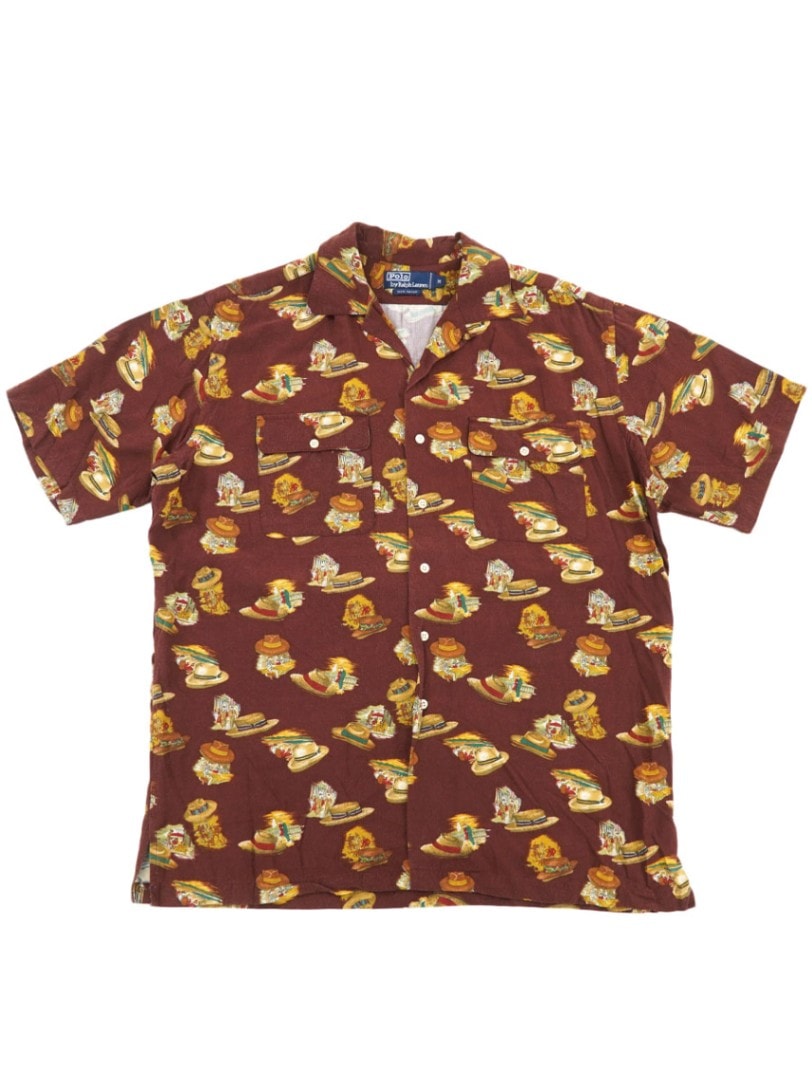ラルフローレン 帽子柄 100%レーヨン ループカラー半袖シャツ 表記(M