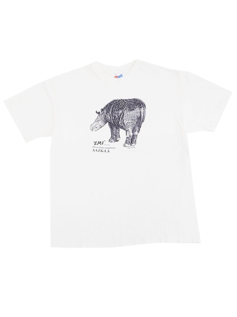 90's Hanes ''Dicerorhinus sumatrensis'' アニマルプリント Tシャツ 表記（L) ホワイト