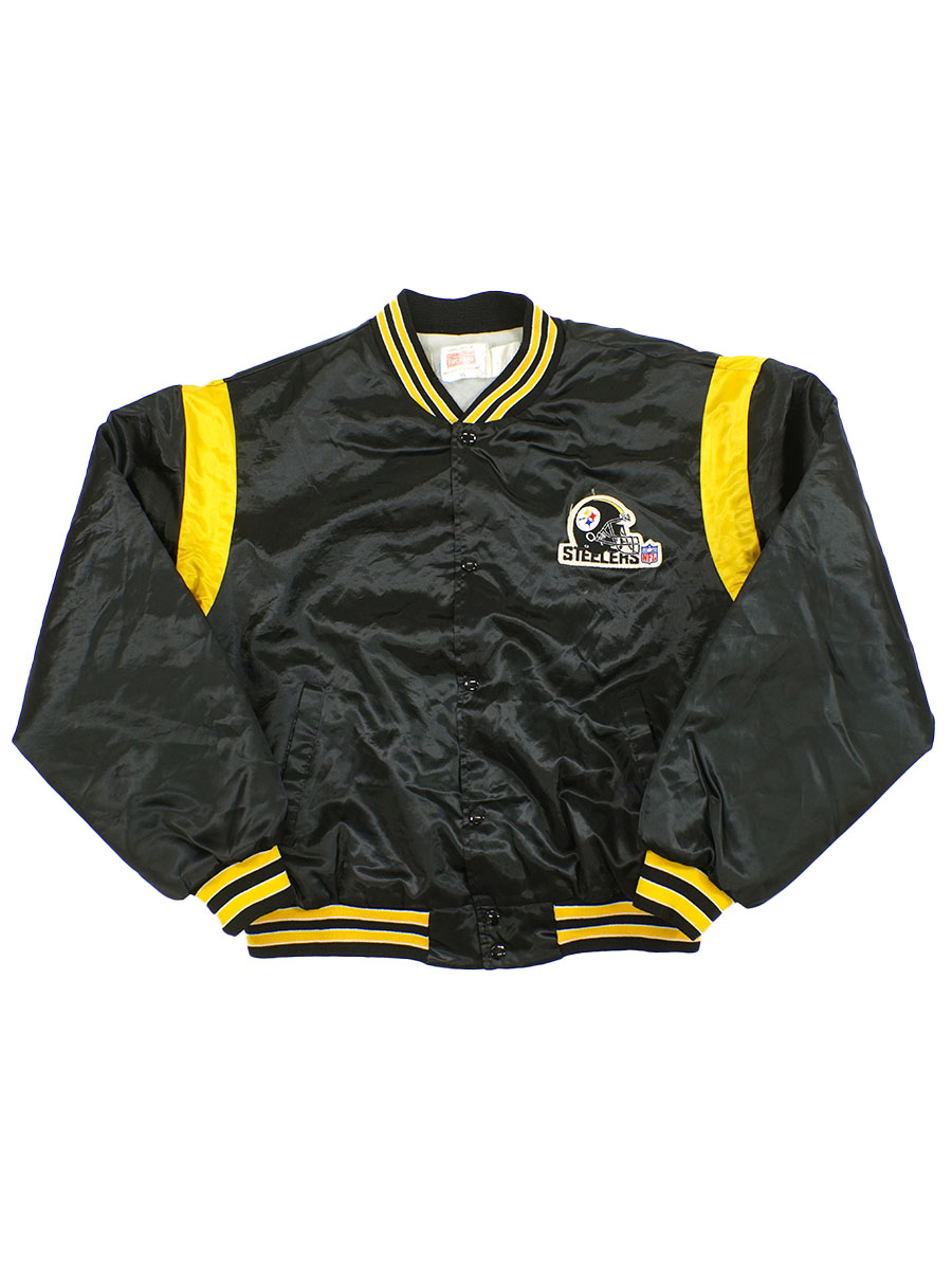 80's FIBERGLAS ''STEELERS'' リブライン サテンスタジャン ブラック 表記(XL) USA製