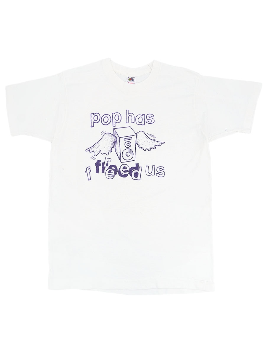 90's FRUIT OF THE LOOM ''POP has freed us'' 染み込みプリントTシャツ 表記(M) USA製