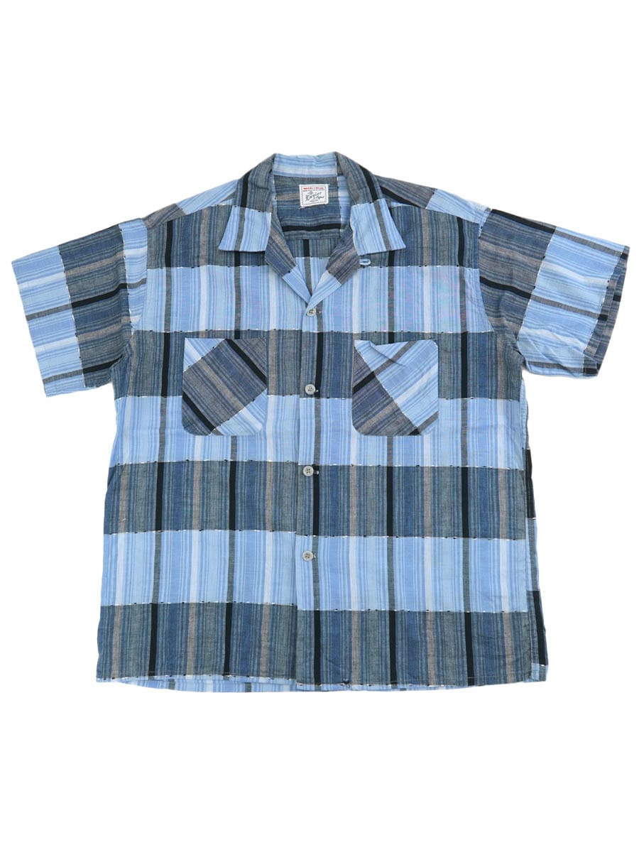 50's Lanier by oxford ブルーベース 好配色チェック 半袖ループカラー