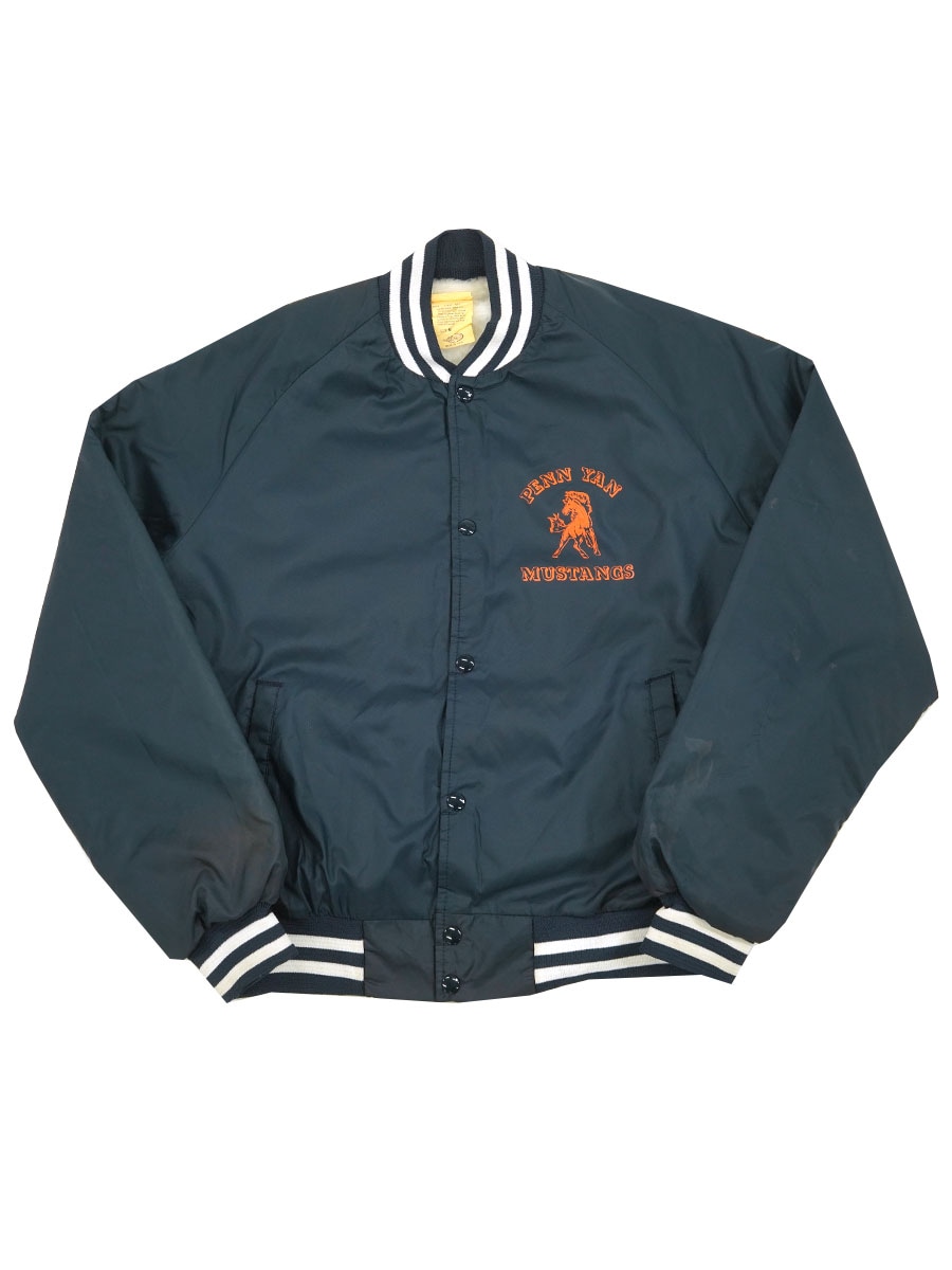 90's NASCO inc ''PENN YAN MUSTANGS'' リブライン サテンスタジャン ネイビー 表記(M) USA製