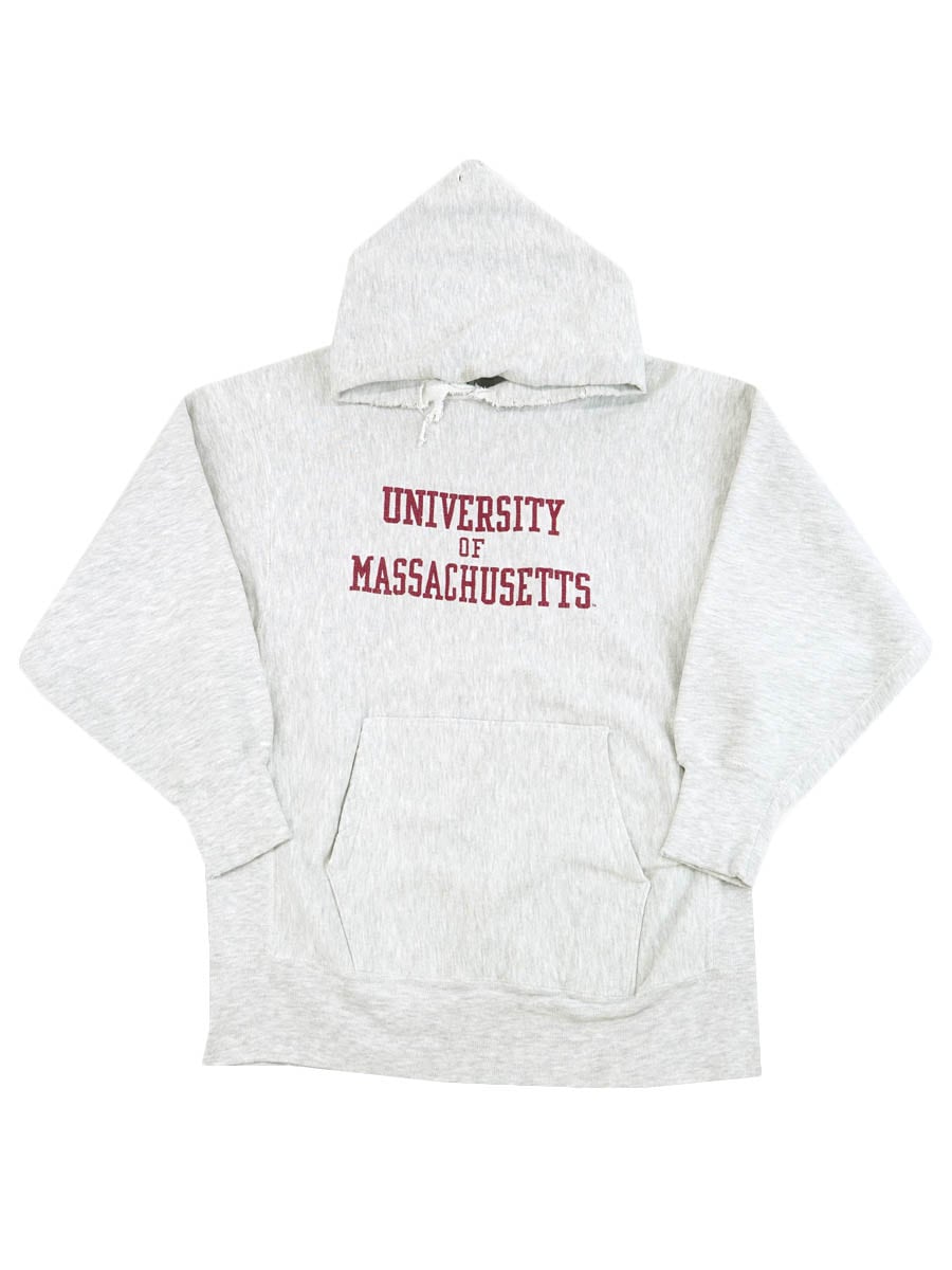 90's 刺繍タグ チャンピオンRWパーカ ''UNIVERSITY OF MASSACHUSETTS'' 3段プリント 表記(XL)
