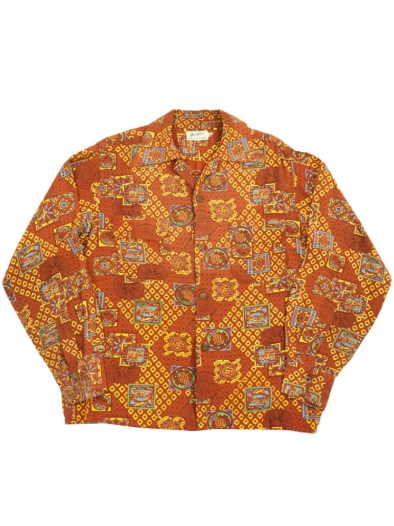 50's Hendan ループカラー パイン柄 レーヨンシャツ 表記(M) ブラウン