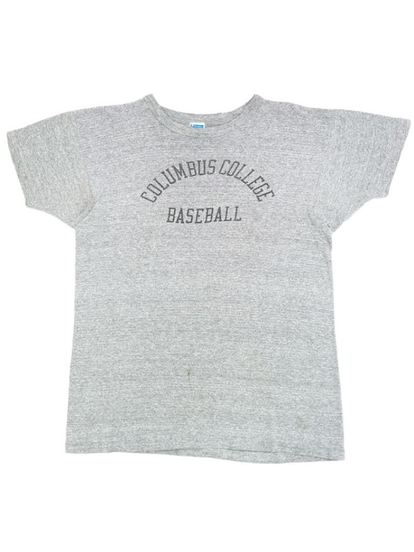 70's バータグ チャンピオン ''COLUMBUS COLLEGE BASEBALL'' 黒染み込み 霜降りグレーTシャツ 表記(L)