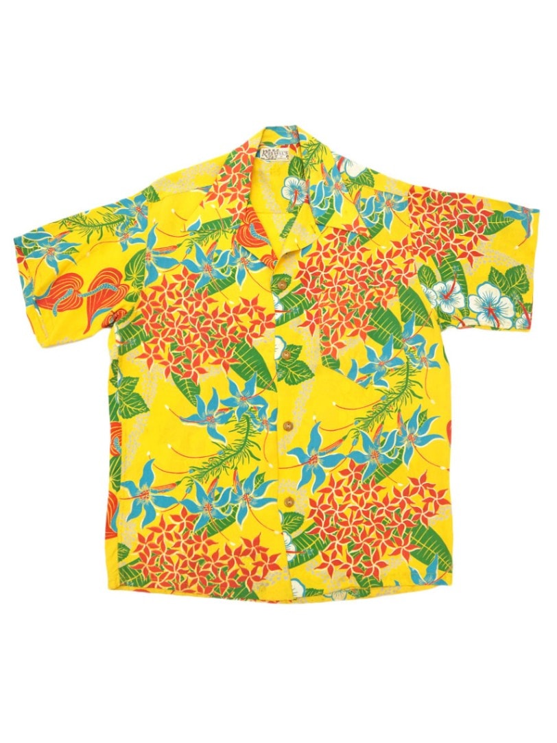 50's RUSSELL'S 花柄 オープンカラー ハワイアンシャツ 実寸 イエロー
