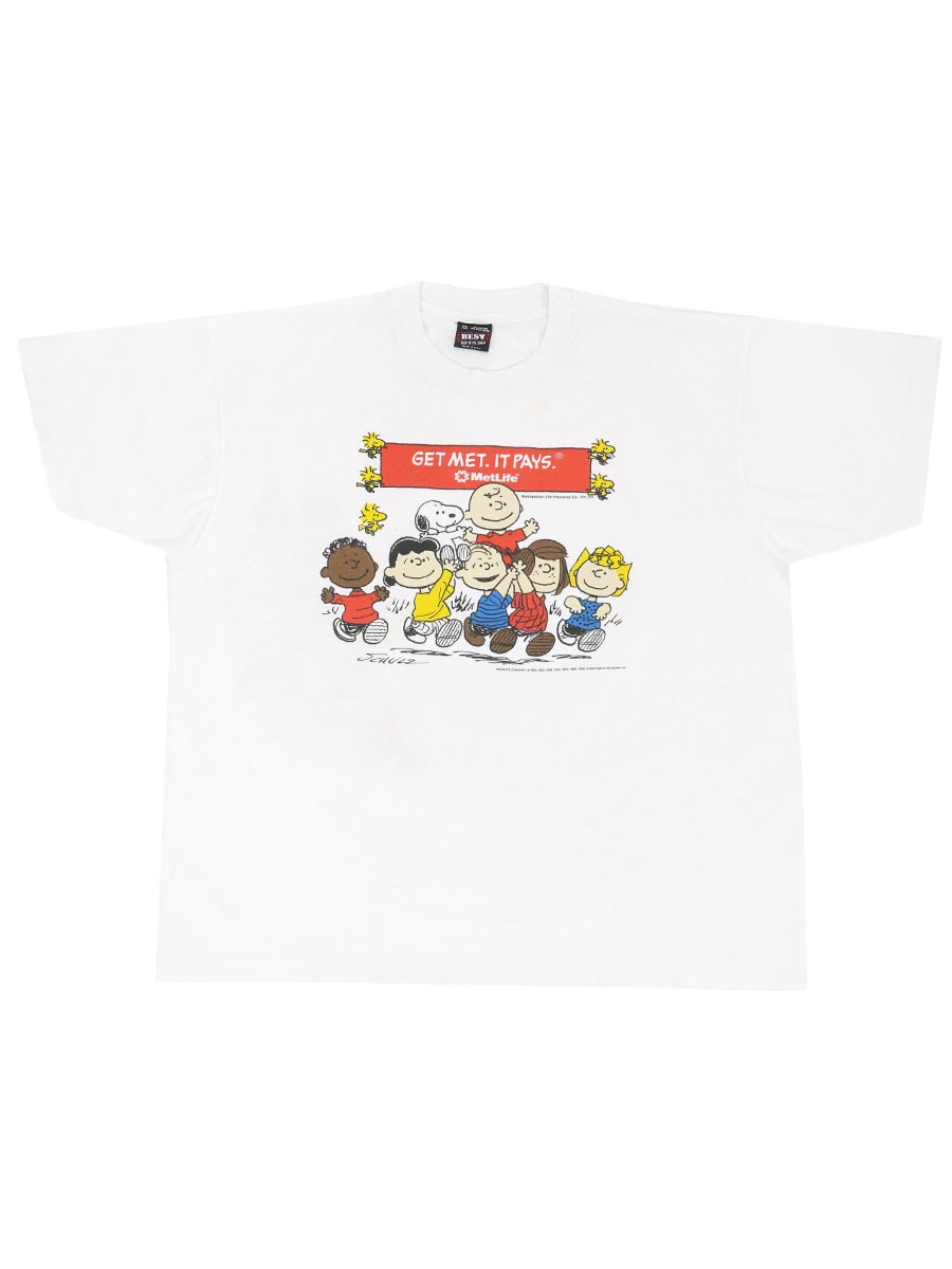 80's FRUIT OF THE LOOM BEST PEANUTS ''GET MET. IT PAYS.'' プリントTシャツ  ホワイト 表記(XL) USA製