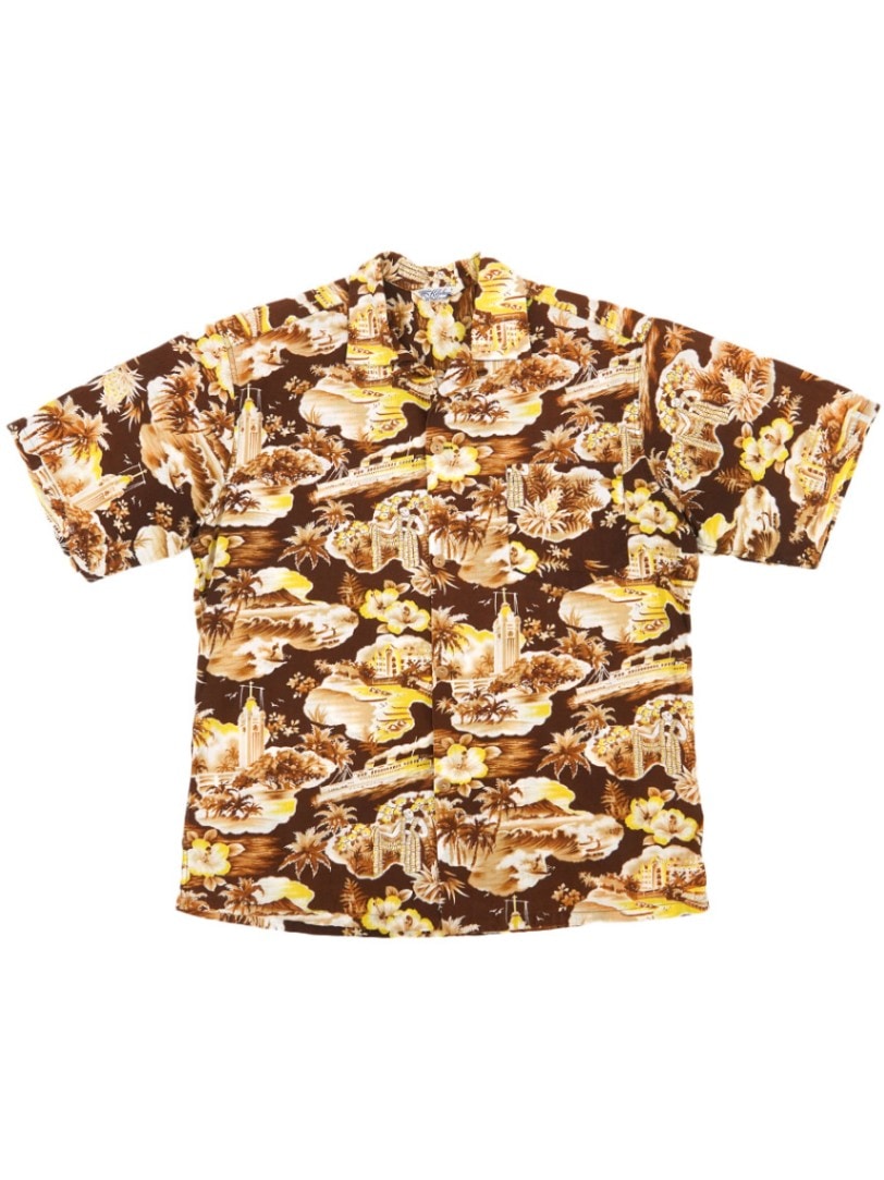 50's Kilohana ループカラー 総柄 コットンハワイアンシャツ ブラウン 表記(L)