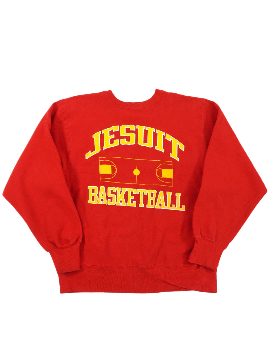 80's プリントタグ チャンピオンRW ''JESUIT BASKETBALL'' 3段プリント 赤 表記(XL) USA製