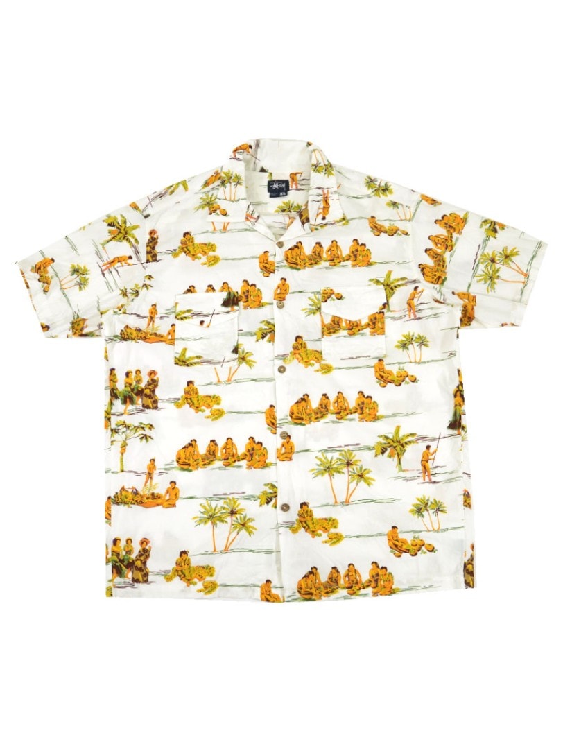 90's～ STUSSY ループカラー 総柄 コットンレーヨンシャツ 表記(XL) USA製