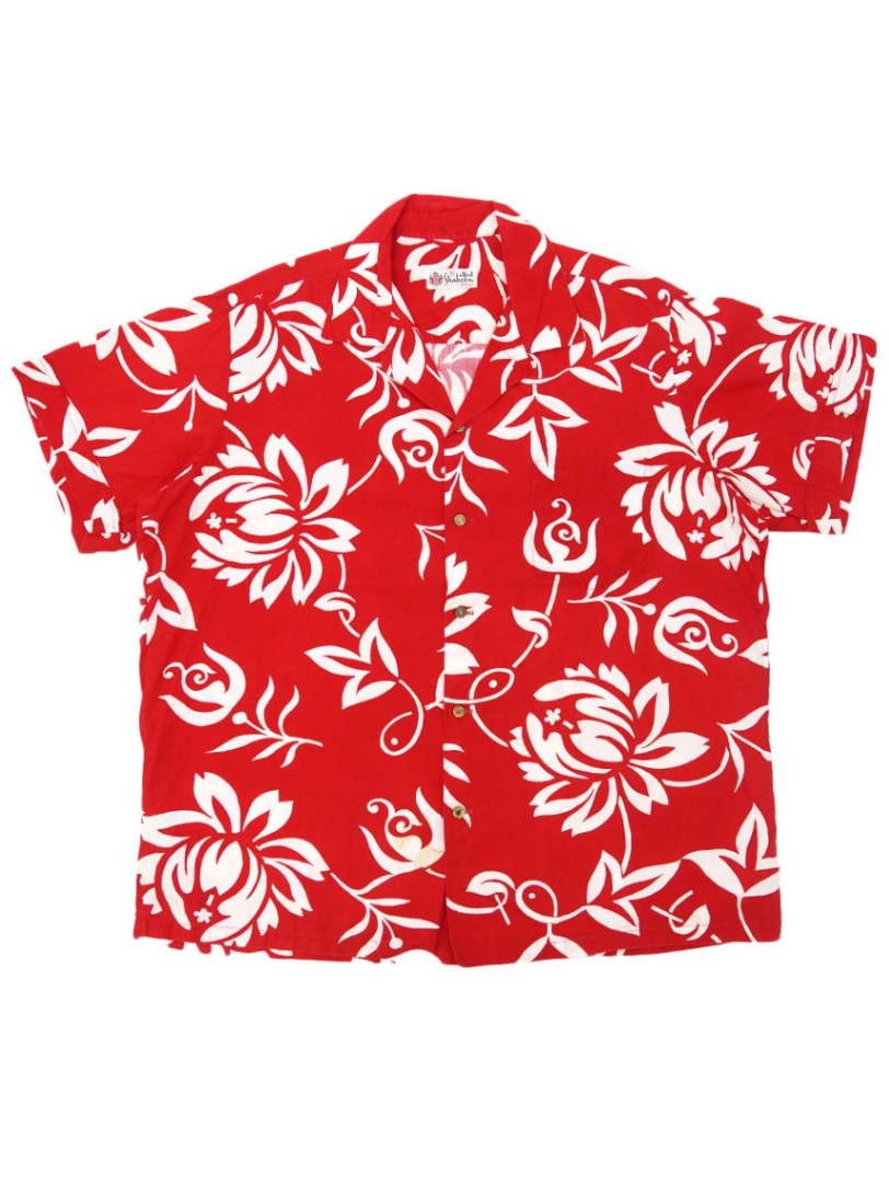 50's ALFRED SHAHEEM 赤白花柄 ループカラー コットンハワイアンシャツ 表記(XL)