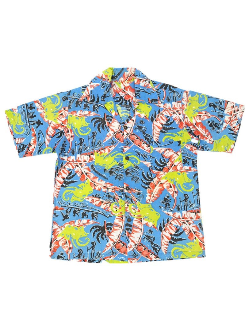 50's～ 総柄 ループカラー コットンハワイアンシャツ ブルー 実寸(M位)