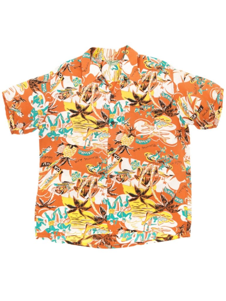 50's Monterey 総柄 ループカラー ハワイアンシャツ オレンジ 表記(L)