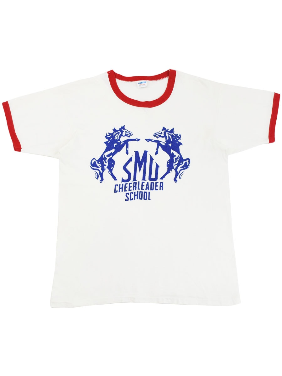70's バータグ チャンピオン ''SMU CHEERLEADER SCHOOL'' 染み込みプリント  リンガーTシャツ 表記(L)