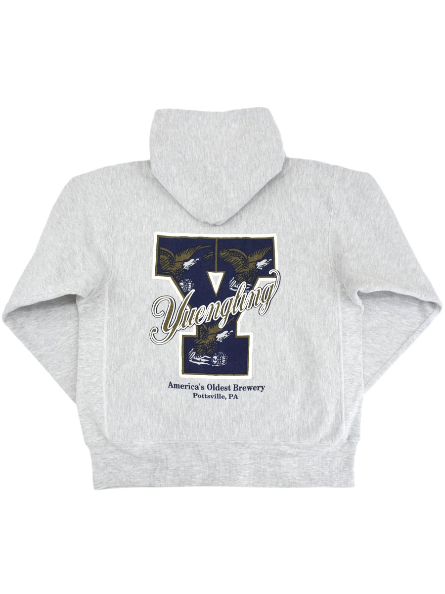 90's 刺繍タグ チャンピオンRWパーカ ''Yuengling'' 両面ラメ入りプリント 表記(L) USA製