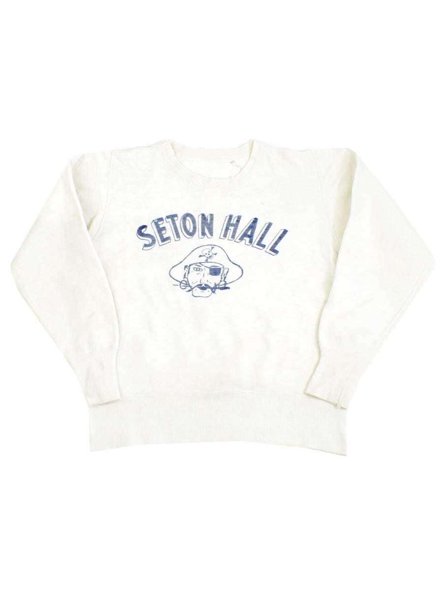50's～ ''SETON HALL'' フロッキープリント セットインスリーブスウェット 白 実寸(M位)