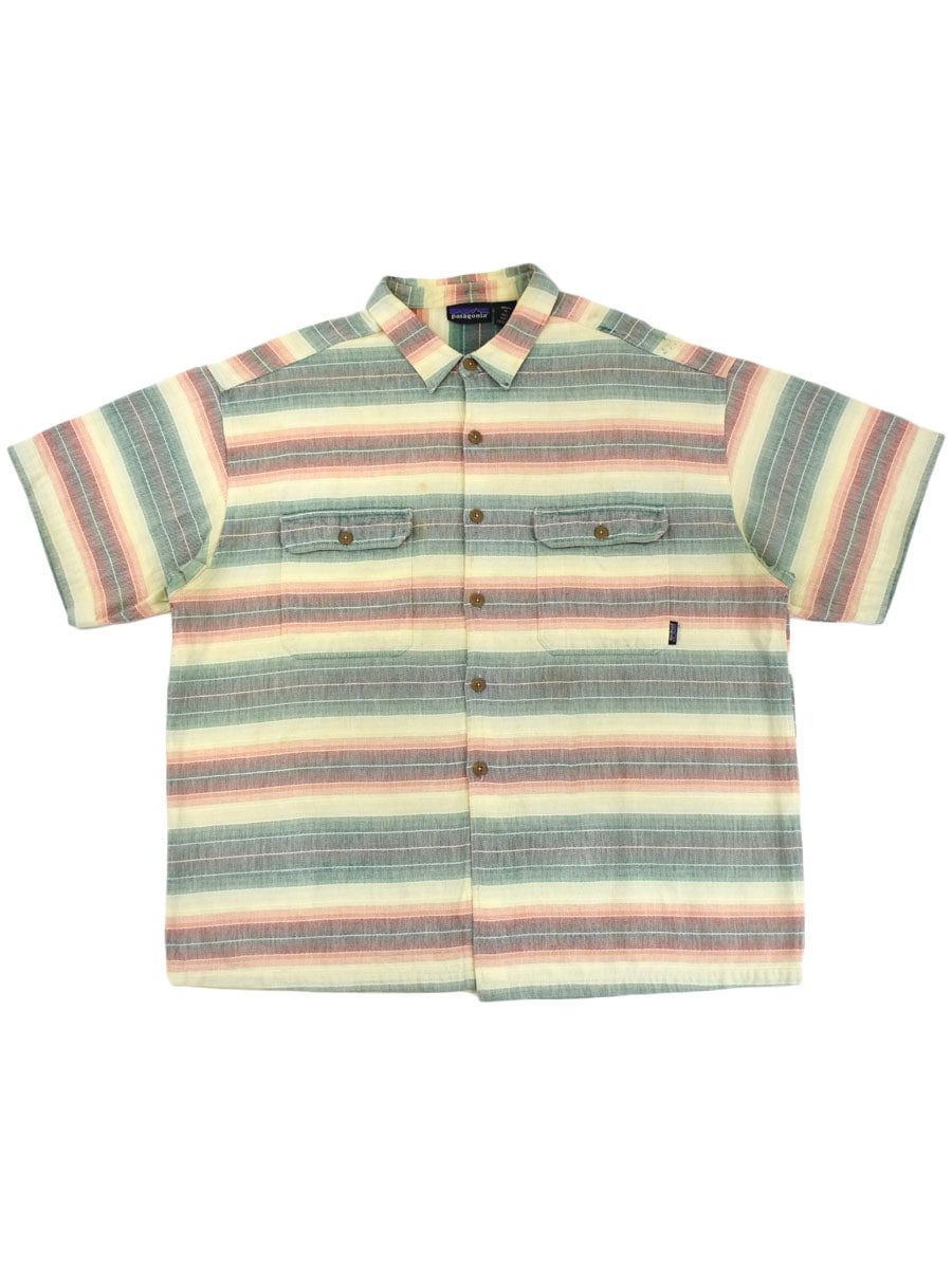 90's～ パタゴニア ランダムボーダー ショートスリーブシャツ 表記(XL)