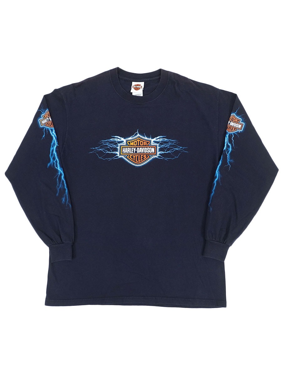 00's Hanes HARLEY-DAVISON ''MIKE'S FAMOUS'' 袖プリント L/S Tシャツ ネイビー 表記(L) USA製