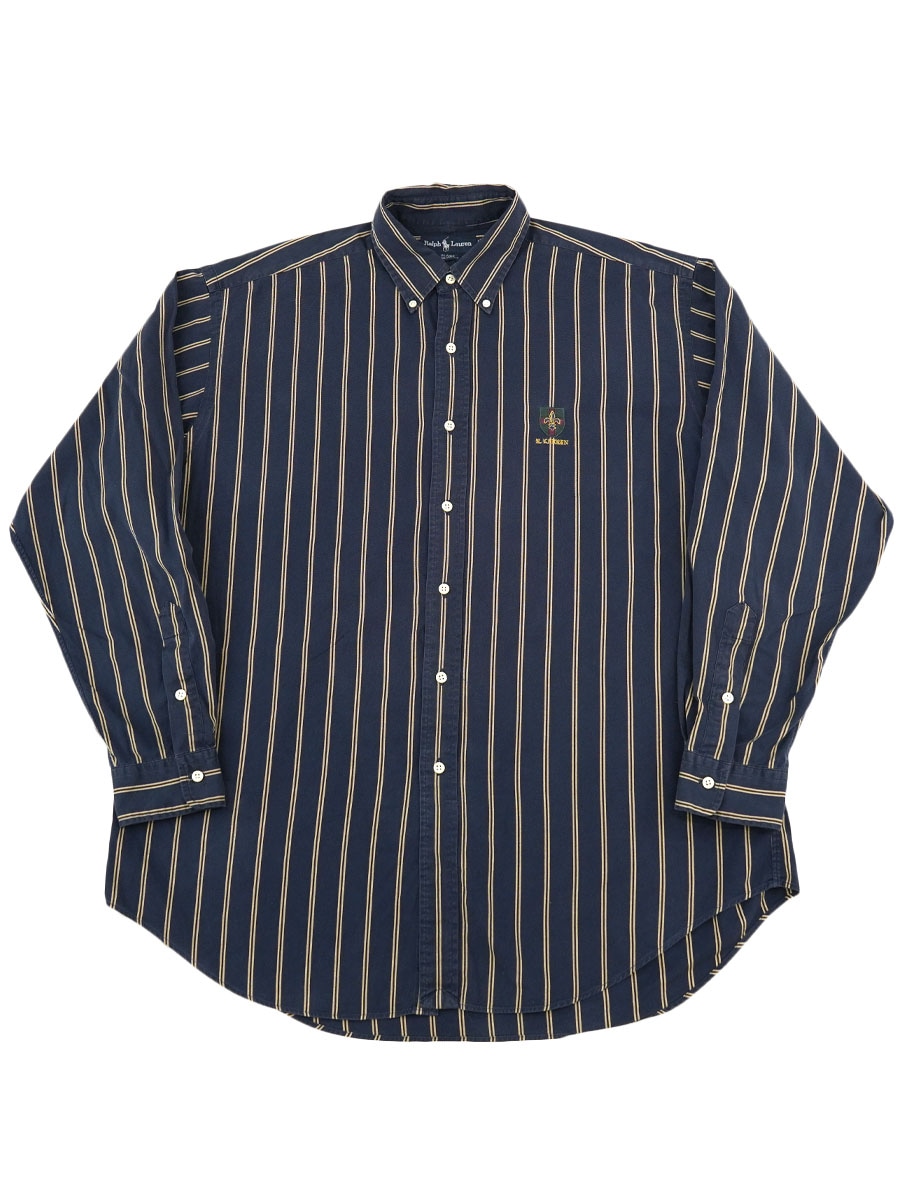 ラルフローレン BALIRE 100%コットン ランダムストライプ スクールロゴ B.D.シャツ 表記(L)