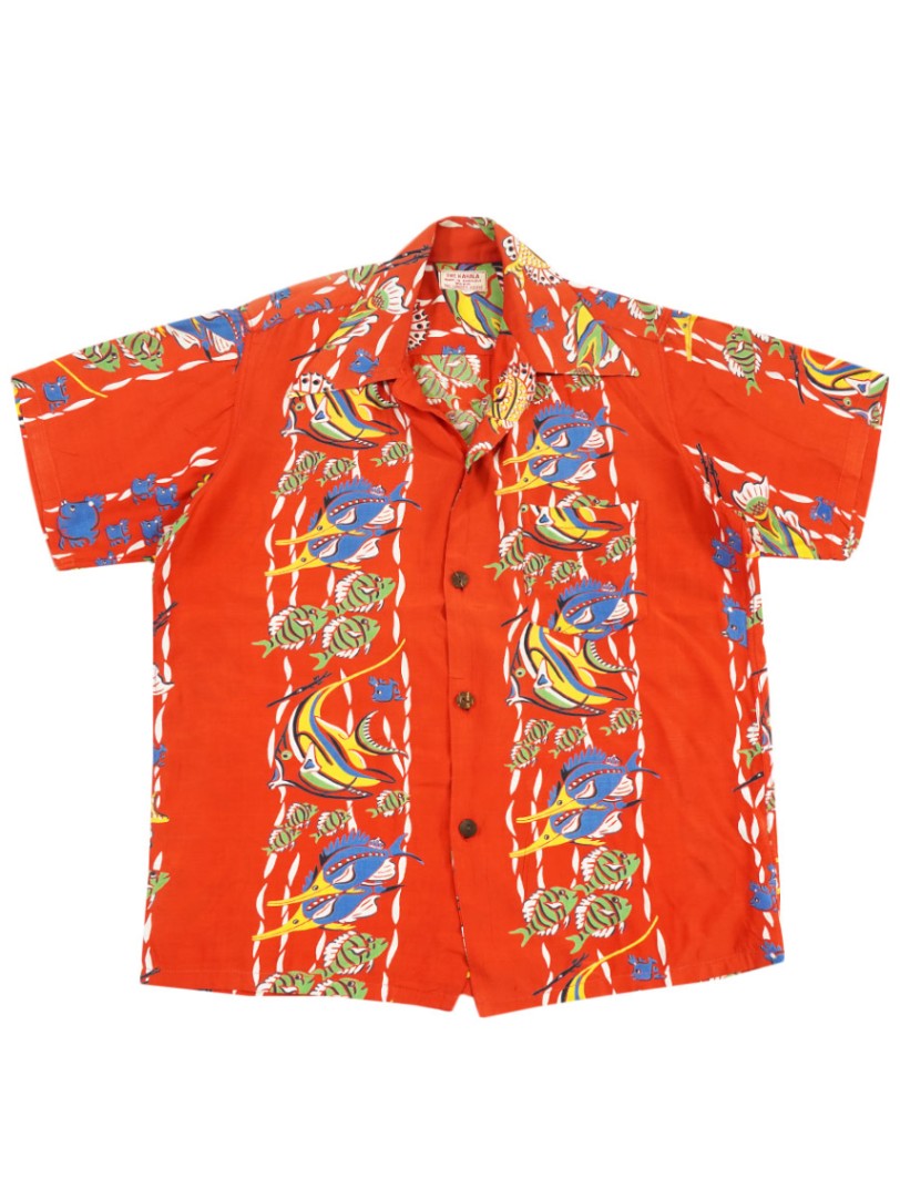 50's THE KAHALA 魚柄 ボーダーパターン ハワイアンシャツ 実寸(L位) 赤