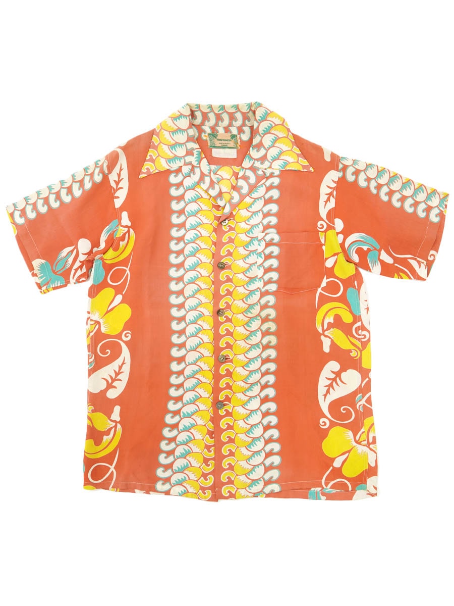 50's KAMEHAMEHA 赤ベース ボーダーパターン ハワイアンシャツ 実寸(M位)