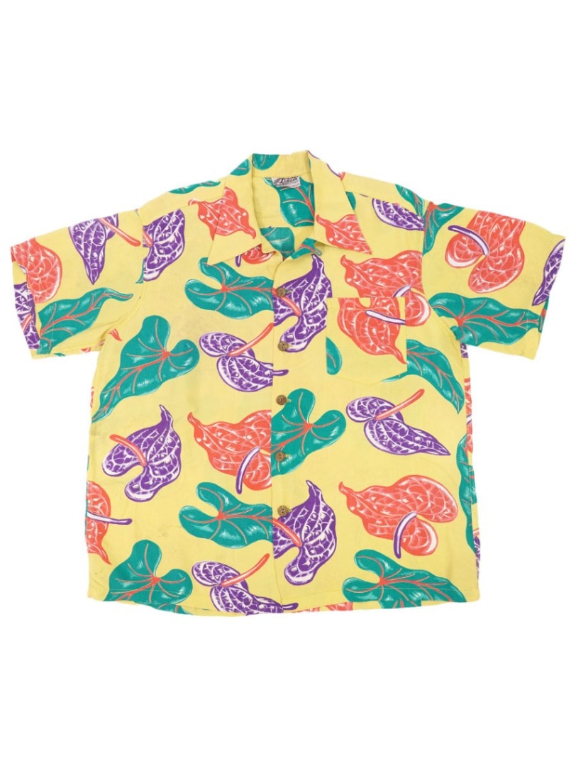 50's Leilani ループカラー アンスリウム柄 ハワイアンシャツ  レモンイエロー 表記(L)