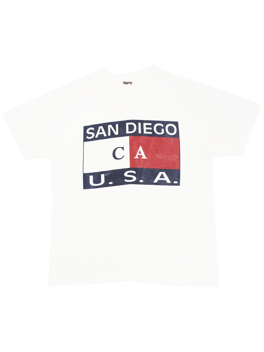 90's～ ONEITA ''SAN DIEGO CA U. S. A.'' パロディプリント Tシャツ ホワイト 表記(L)