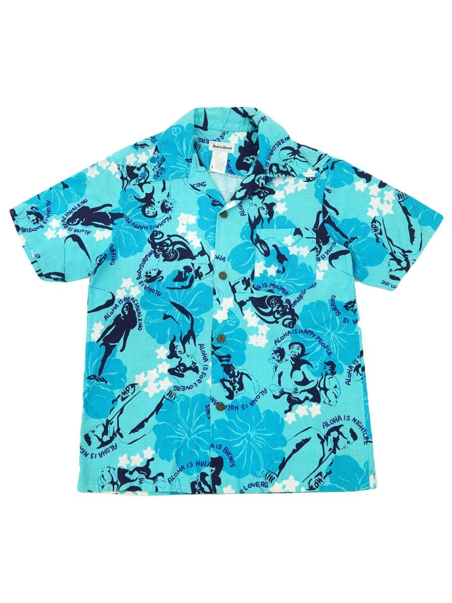 70's ループカラー 総柄 コットンハワイアンシャツ ライトブルー 表記(M)