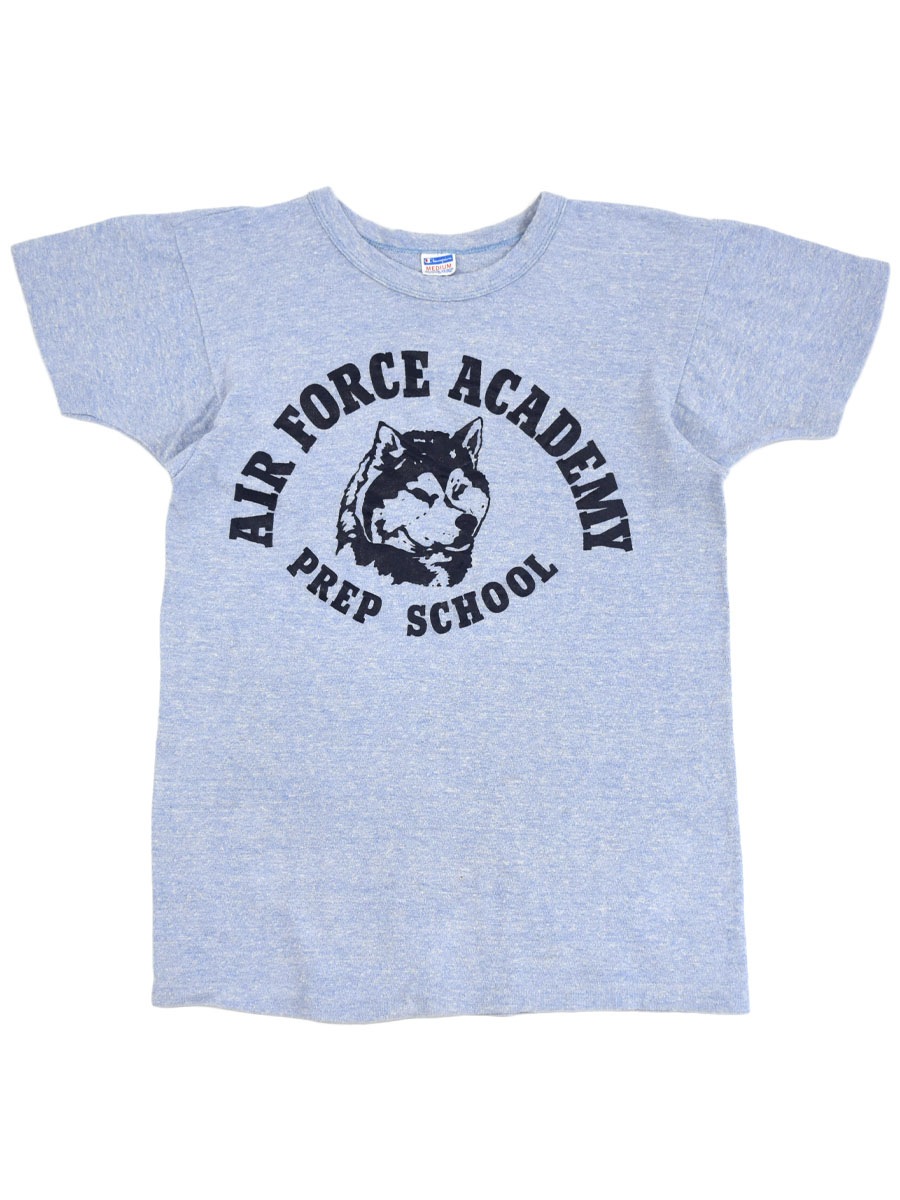 70's バータグ チャンピオン ''AIR FORCE ACADEMY PREP SCHOOL'' 3段プリント 青霜降りTシャツ 表記(M)
