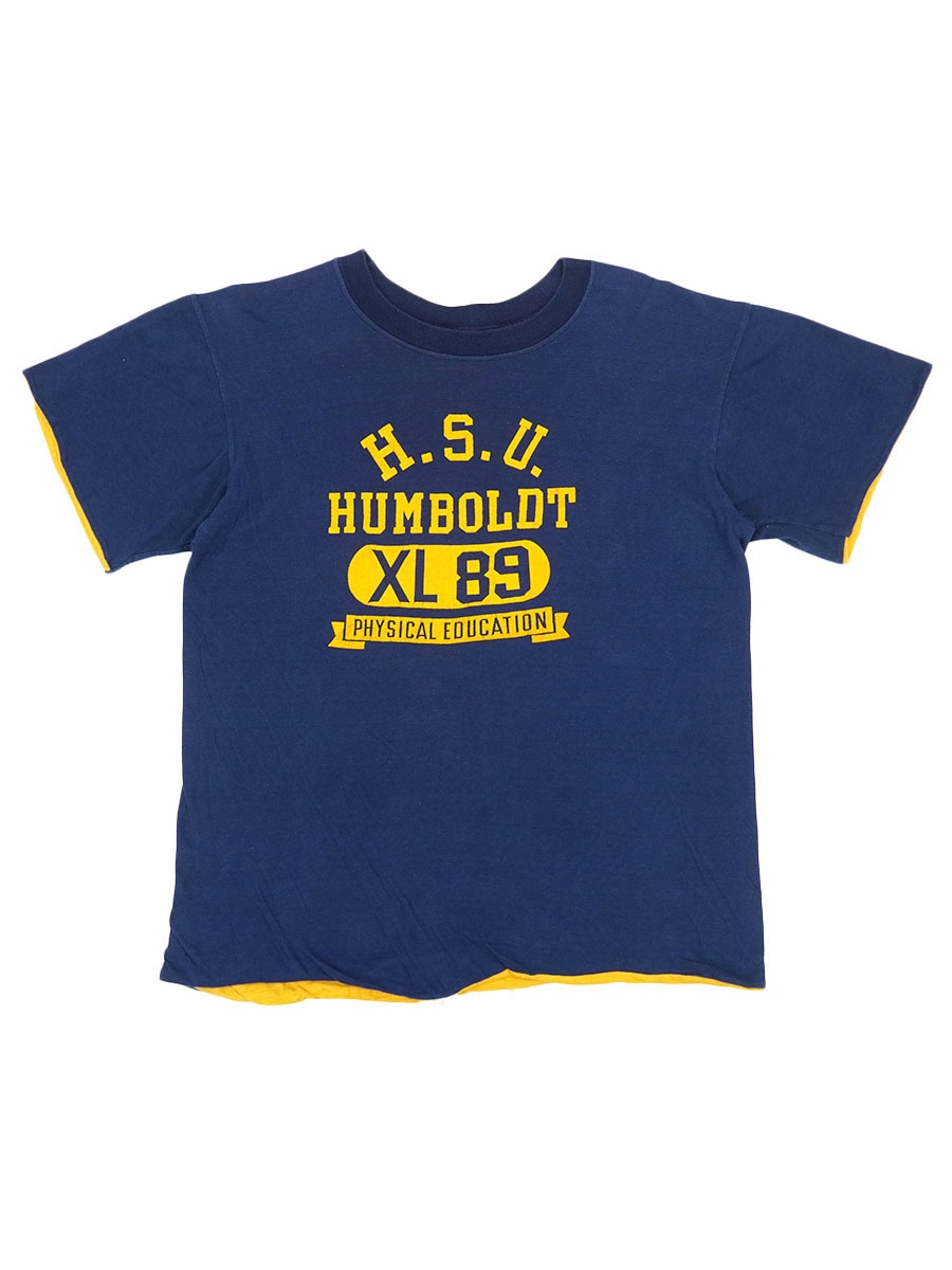 70's abco ''H.S.U. HUMBOLDT PE'' 3段プリント リバーシブルTシャツ 紺x黄 表記(XL)
