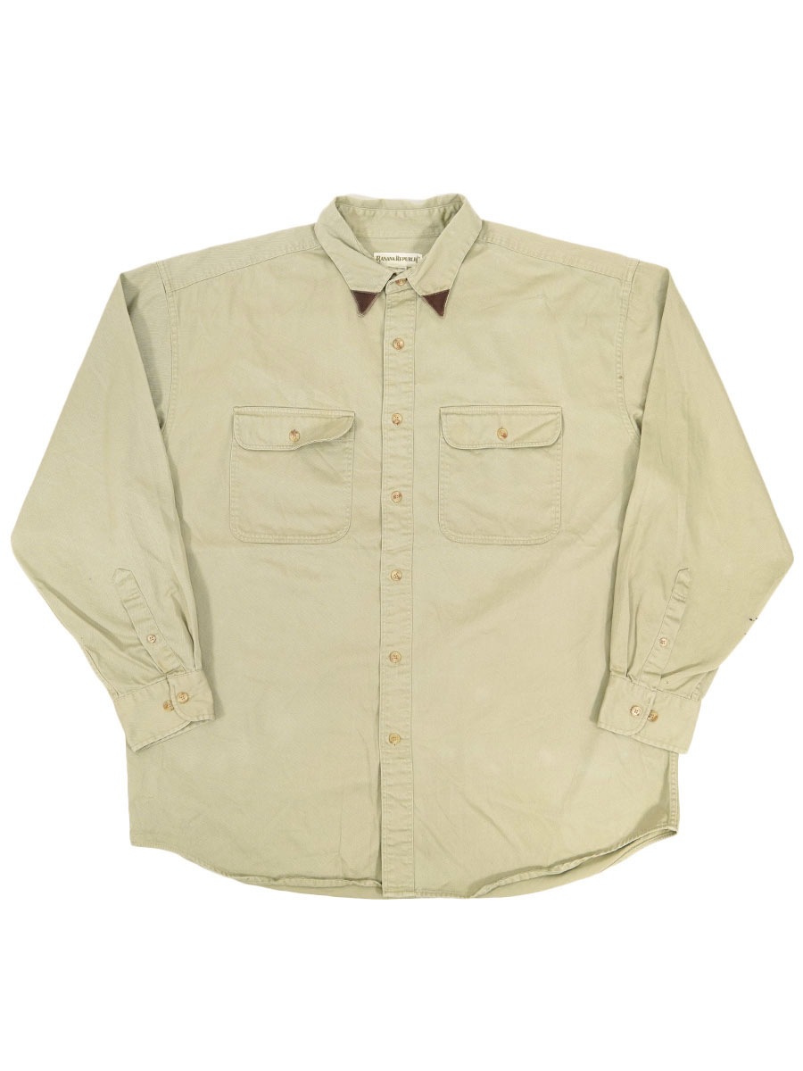 90's BANANA REPUBLIC 襟先レザー L/S チノシャツ 表記(XL)