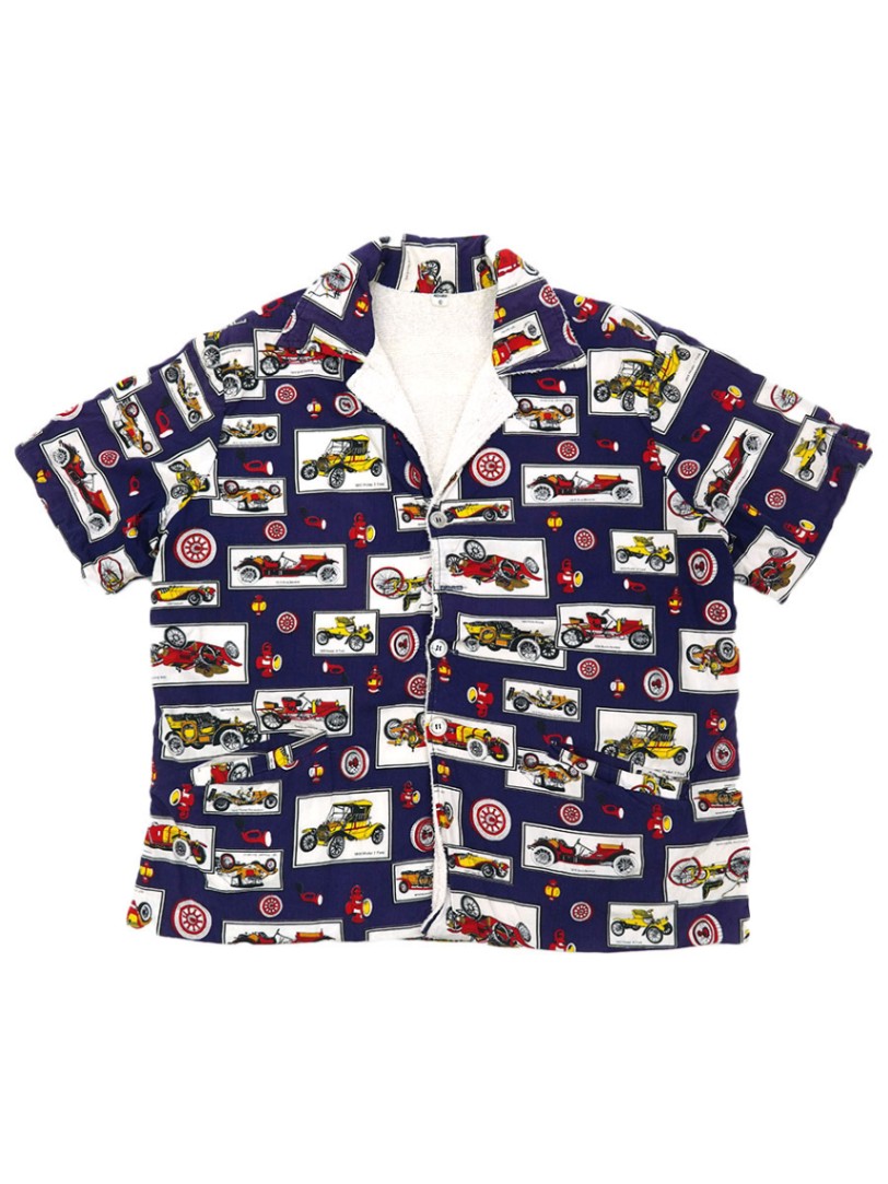 60's～ クラシックカー総柄 ビーチシャツ ネイビー 表記(L)
