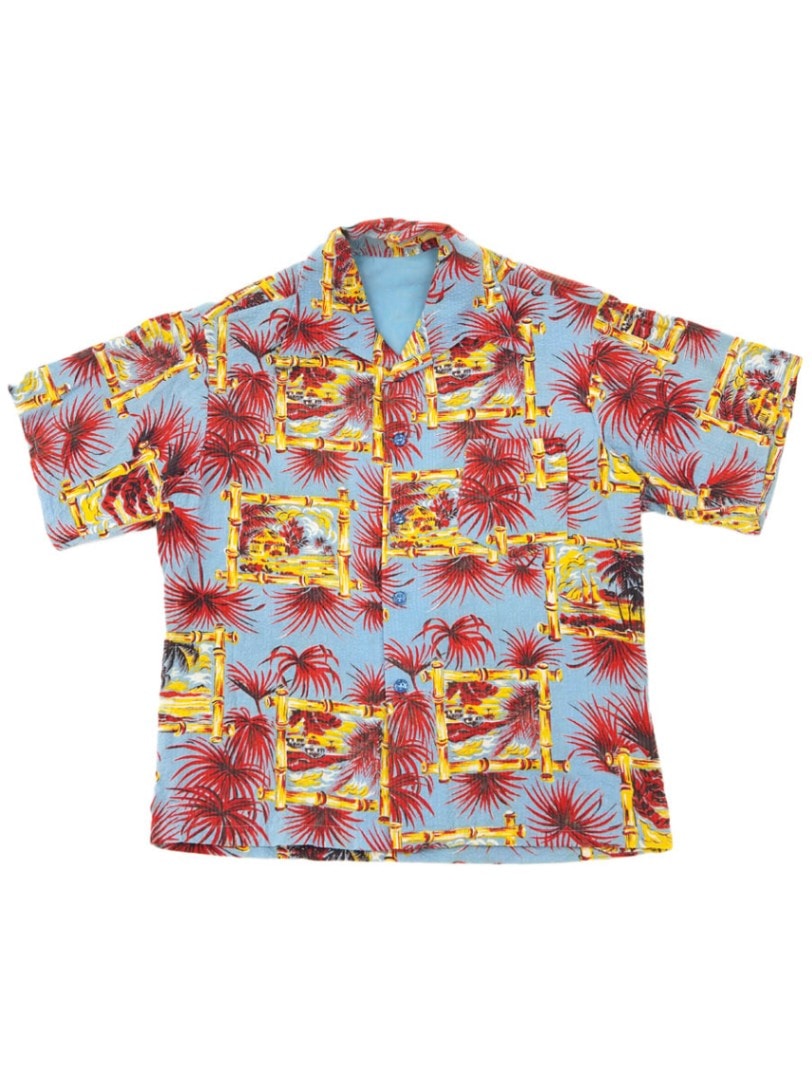 50's～ 竹柄 シアサッカー ハワイアンシャツ ライトブルー 実寸(M位)