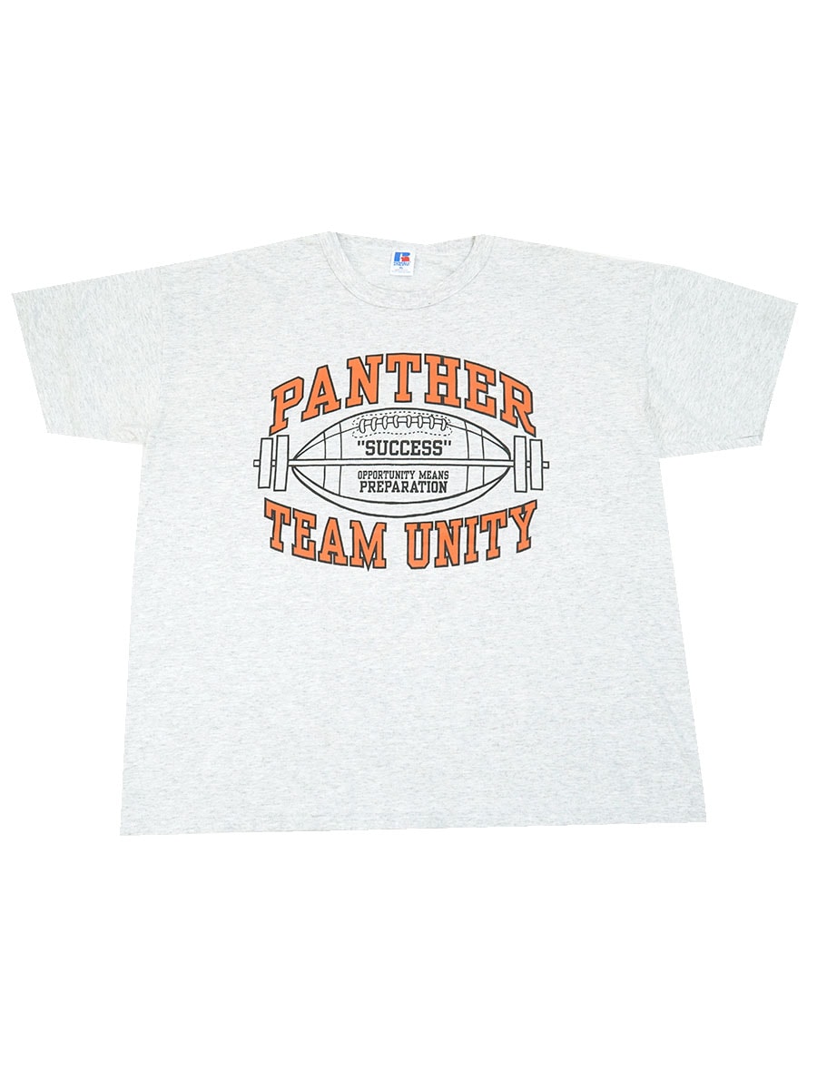 80's RUSSELL ATHLETIC ''PANTHER TEAM UNITY'' 両面プリント Tシャツ 表記(XL) USA製