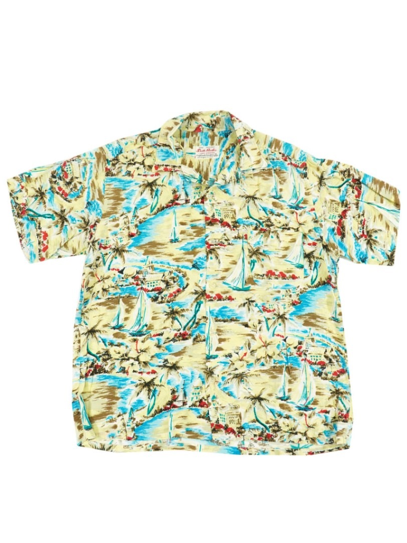 60's～ South Pacific ループカラー ハワイアンシャツ オールオーバープリント 表記(M)