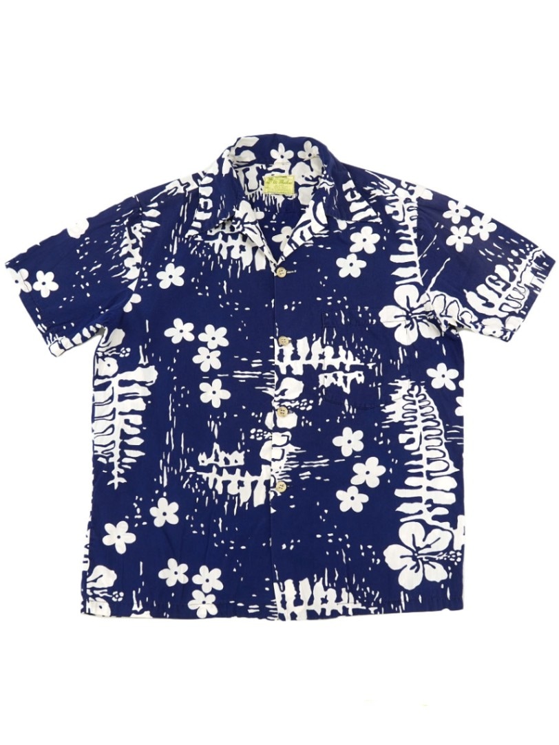 70's Ui-Maikai ハイビスカス柄 コットンハワイアンシャツ 実寸(M位) ネイビー