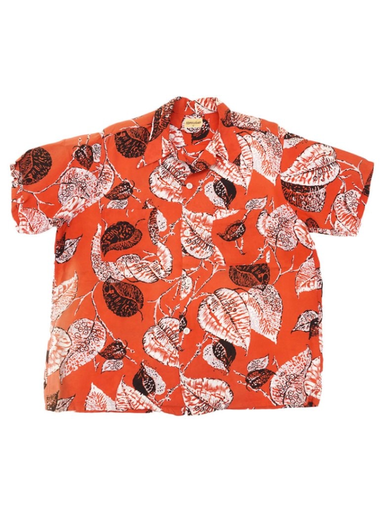 50's TOPFLIGHT ループカラー ハワイアンシャツ リーフ柄 レッド 表記