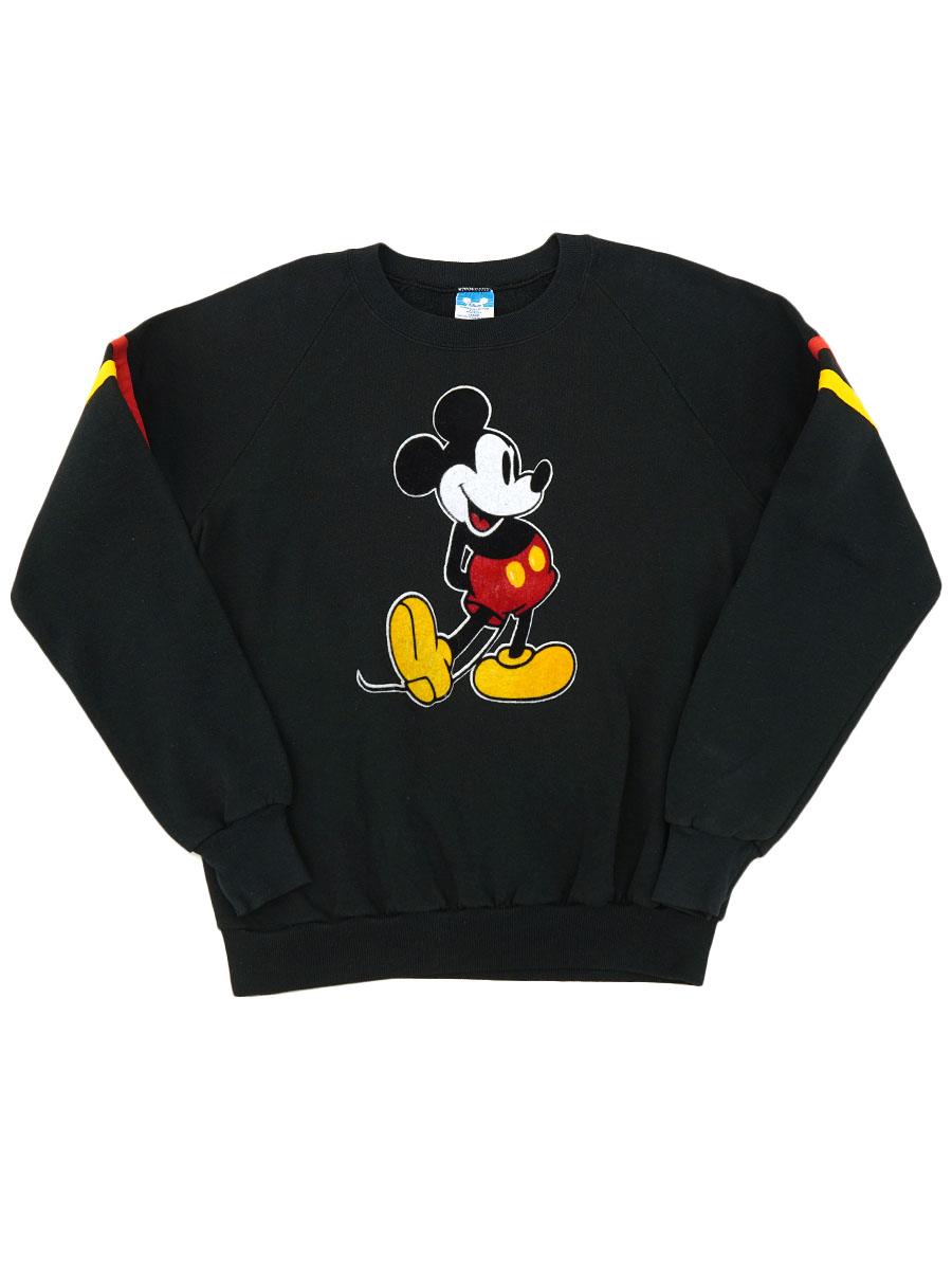 80's Disney ミッキーマウス フェルトプリント 袖ライン スウェット 表記(L) USA製