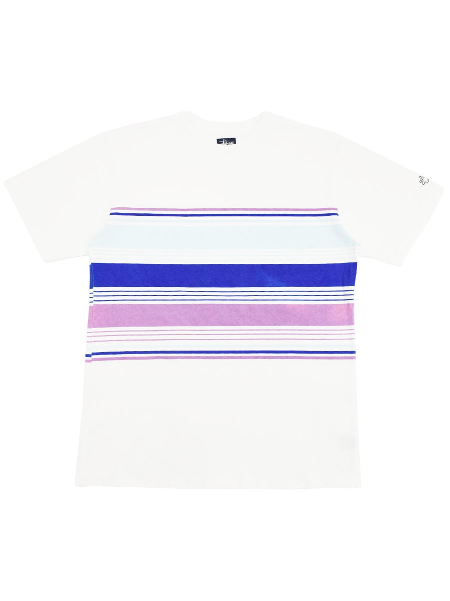 90's～ STUSSY ランダムボーダー 袖ロゴプリント入り Tシャツ 表記(L) USA製