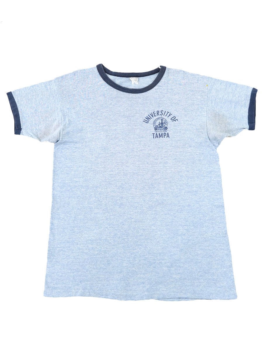 60's プロダクツタグ チャンピオン 青霜降り ''UNIVERSITY OF TAMPA'' 3段染み込み Tシャツ 表記(XL)