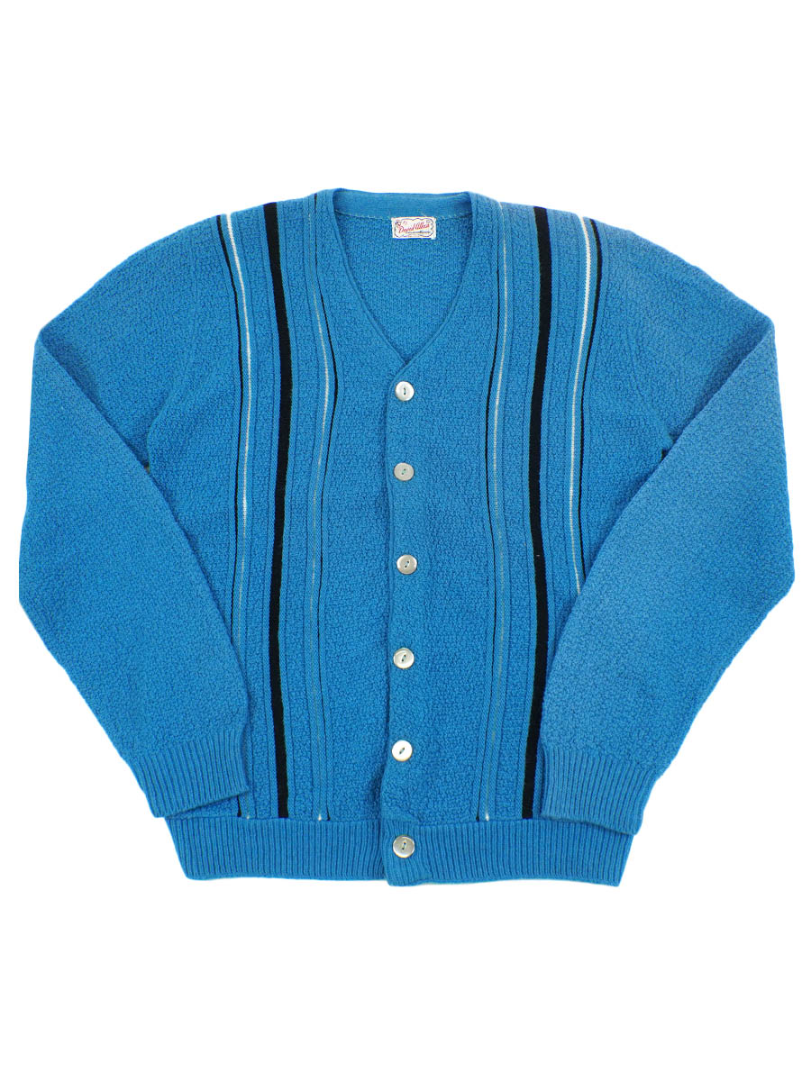50's David-Allan ライン切り替え アクリルカーディガン ブルー 表記(S)