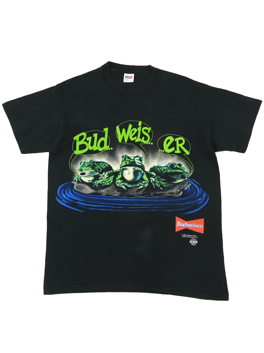 90's anvil ''Budweiser'' カエル 両面プリント Tシャツ 表記(L