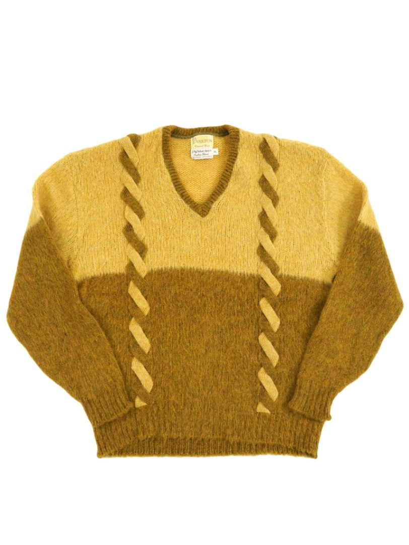 60's PARKTON モヘア×アルパカ ケーブル編み Vネックセーター 表記(XL