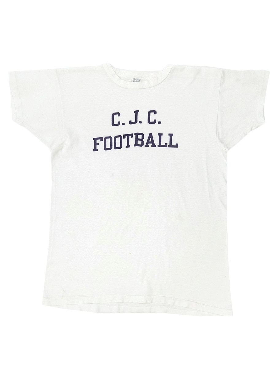 60's プロダクツタグ チャンピオン ''C.J.C. FOOTBALL'' 染み込みプリントTシャツ 白 表記(XL)