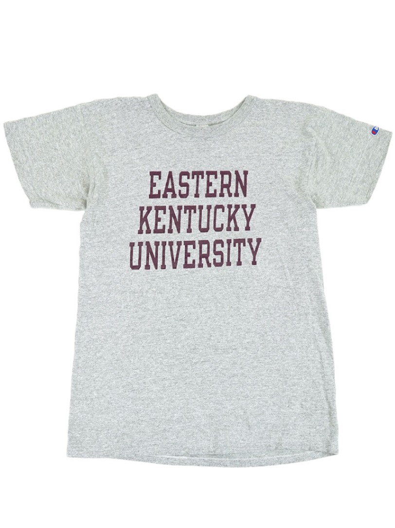 80's トリコタグ チャンピオン ''EASTERN KENTUCKY UNIVERSITY'' 3段プリント Tシャツ 表記(L)